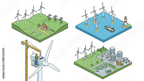 Isometric vector illustration set of wind farm energy scenes featuring onshore and offshore turbines, maintenance worker on a crane, and a sustainable city with EV charging stations.