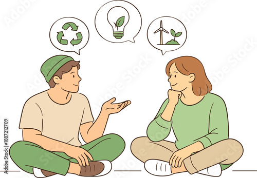 Friends discussing sustainability ideas together, two people sitting close and talking calmly with thoughtful gestures and