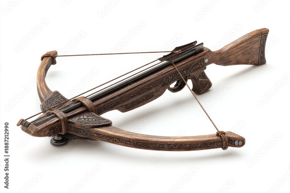 Obraz premium Crossbow Artifact: An antique crossbow lies on a table, showcasing its detailed craftsmanship, designed with aesthetic and historical significance. 