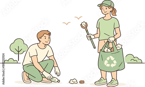Friends cleaning a public park together, two people picking up litter and holding a reusable bag with relaxed posture and