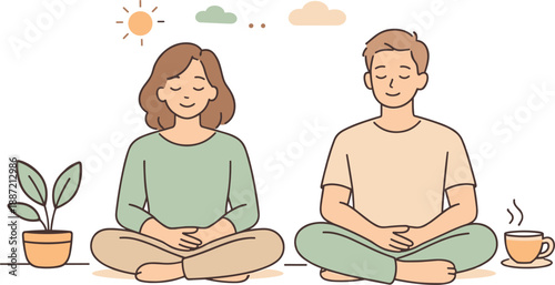 People focusing on mental wellness together, two individuals sitting calmly with relaxed posture and peaceful expressions during