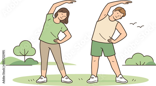 Friends exercising outdoor together in a calm park setting, two people stretching side by side with relaxed posture and focused