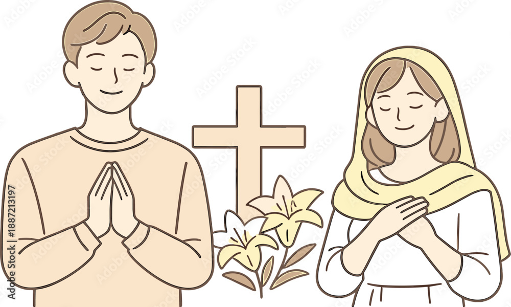 Fototapeta premium Faith centered Easter tradition moment, two people standing calmly with gentle smiles and relaxed posture expressing devotion and