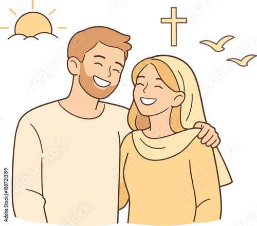 Believers celebrating resurrection together, two people standing close with uplifted smiles and relaxed posture expressing shared