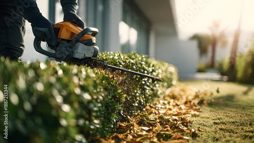 Professional gardener uses an electric hedge trimmer to precisely shape the green foliage of a modern residential bush. Focus on gardening, landscaping, and maintenance service during golden hour.