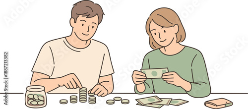 Man and woman saving money together, two adults sitting at a table and calmly organizing coins and notes with relaxed posture and