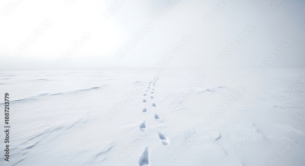 Obraz premium Footprints in the vast, desolate snowscape leading towards a bright, hazy horizon under a cloudy sky
