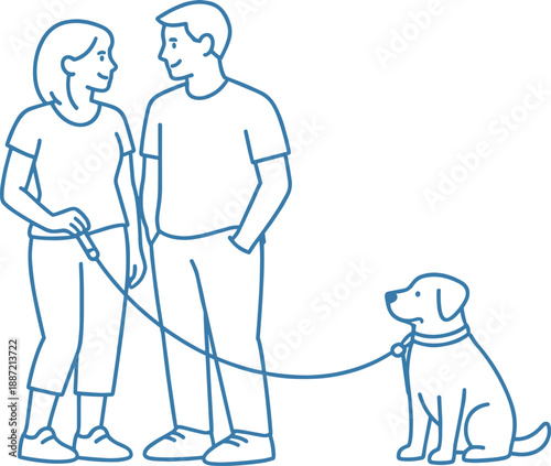 Parents pause briefly while walking their family dog and sharing quiet conversation Minimalist flat line vector illustration,