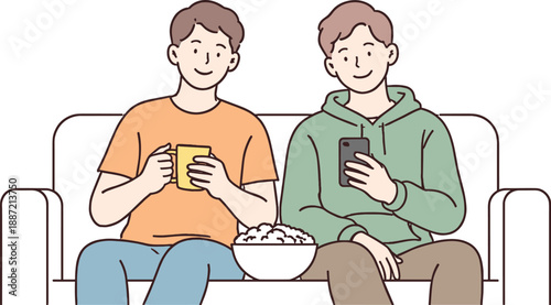 Chill Sofa Moment. Two friends sit on a sofa enjoying a shared moment without conversation Minimalist flat line vector