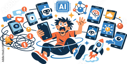 Surreal silliness vector illustration of a person overwhelmed by floating smartphones and AI icons, designed for a 3:2 aspect
