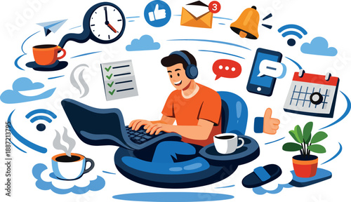 Remote work lifestyle depicted through absurd visual metaphors, including warped laptops, drifting notifications, and hovering