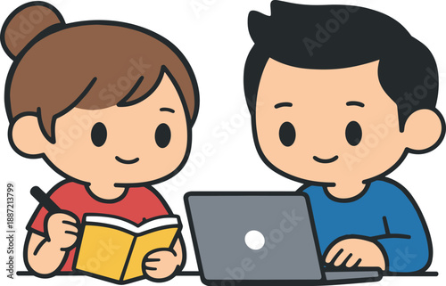 Stylized cartoon character illustration of teamwork in office collaboration, clean commercial style, intentionally distorted