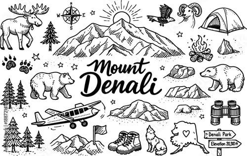 Iconic Mount Denali summit hand drawn doodle elements set, center hand-lettered title, black & white vector line art, bold clean