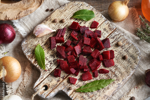 Sliced beetroot with garlic, bay leaf, onion and allspice