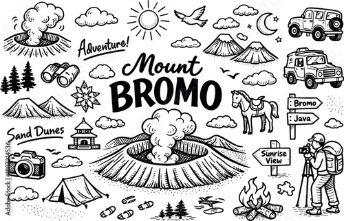 Iconic Mount Bromo crater hand drawn doodle elements set, center hand-lettered title, black & white vector line art, bold clean