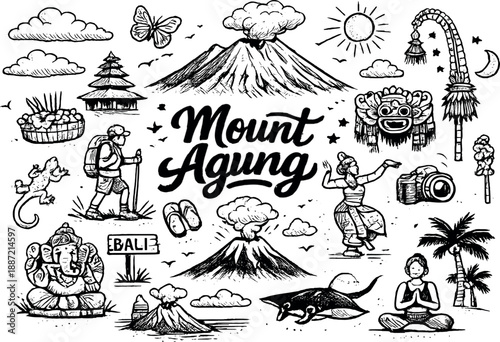 Iconic Mount Agung summit hand drawn doodle elements set, center hand-lettered title, black & white vector line art, bold clean