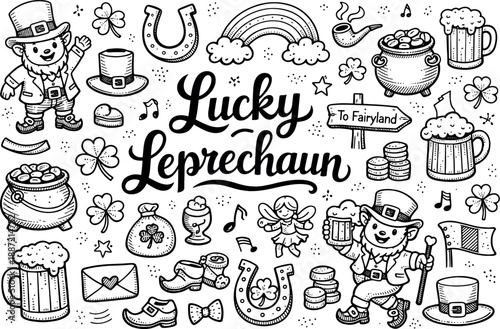 Cheerful leprechaun folklore fun scene hand drawn doodle elements set, center hand-lettered title, black & white vector line art,