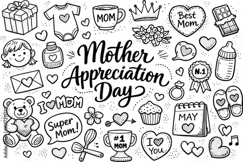 Mother's Day Doodle. Mother appreciation day hand drawn doodle elements set, center hand-lettered title, black & white vector line