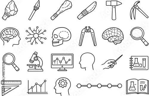 Line style icons of tool use and brain evolution: stone hand axe, spear, wooden club, early knife, hammer, brain silhouette,