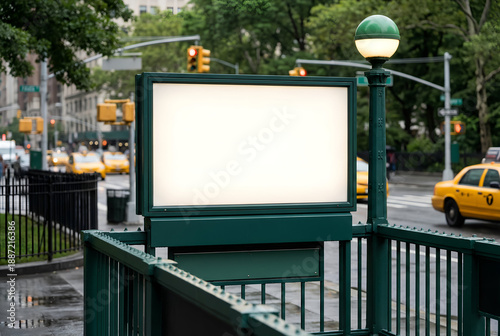 Blank horizontal light box mockup at a subway entrance, green metal structure with blurred city street in the background.