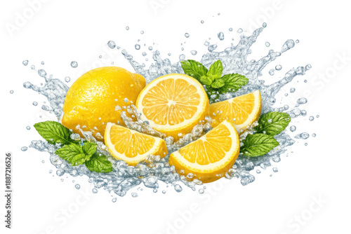 Lemons and mint leaves splashing in fresh water, creating a refreshing citrus explosion with droplets, transparent background