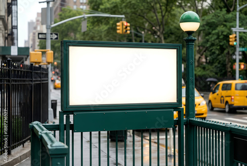 Blank illuminated horizontal signage mockup at a subway entrance in New York City, urban street advertising template.