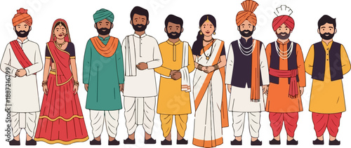 Illustration of diverse group of people wearing traditional Indian clothing standing in a line against a white background.