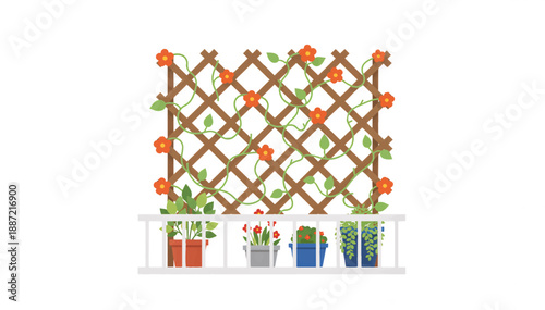 Balcony garden with wooden trellis and climbing vines. Potted plants and flowers on terrace railing. Flat design vector illustration isolated on white background