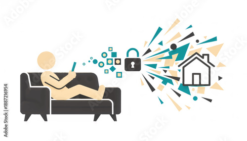 Digital home security and two-factor authentication concept. Flat design vector illustration of a person using a mobile device to lock a house. Smart home protection graphic isolated on white