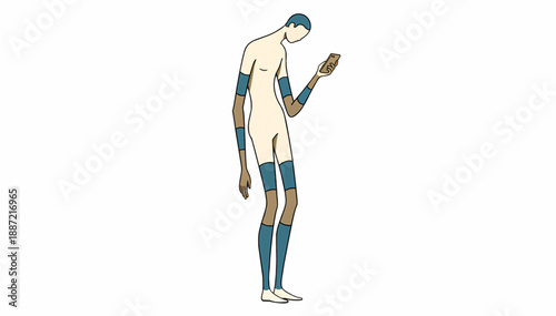 Vertical illustration of a minimalist elongated figure looking at a smartphone. Flat design vector character. Emotional portrait with deformation concept. Isolated on white background