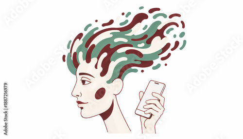Minimalist vector illustration of a person with abstract flowing thoughts holding a smartphone. Digital connection and mental health concept. Profile portrait isolated on white background