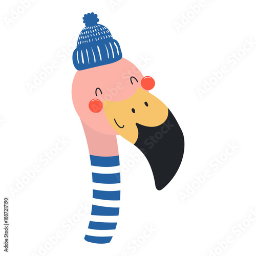 Cute little flamingo sailor isolated on transparent. Kawaii cartoon character...
