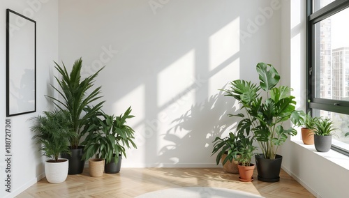 Indoor Plants Arranged in a Sunny Corner of a Modern Room With Large Windows