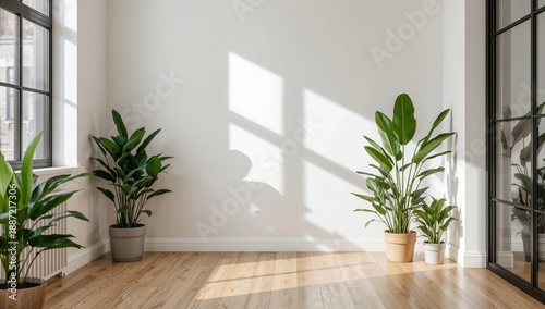 Indoor Plants Arranged in a Sunny Corner of a Modern Room With Large Windows