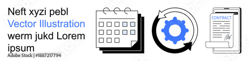 Process automation, business organization, workflow systems, task management, productivity tools, operation tracking. Calendar, rotating gear and contract icons. Process automation and workflow