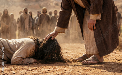 Jesus Christ hand resting on Maria Magdalena head while crying at his feet. Biblical scene of mercy and forgiveness in dusty desert. Sacred Christian art of compassion, grace and deep spiritual hope.