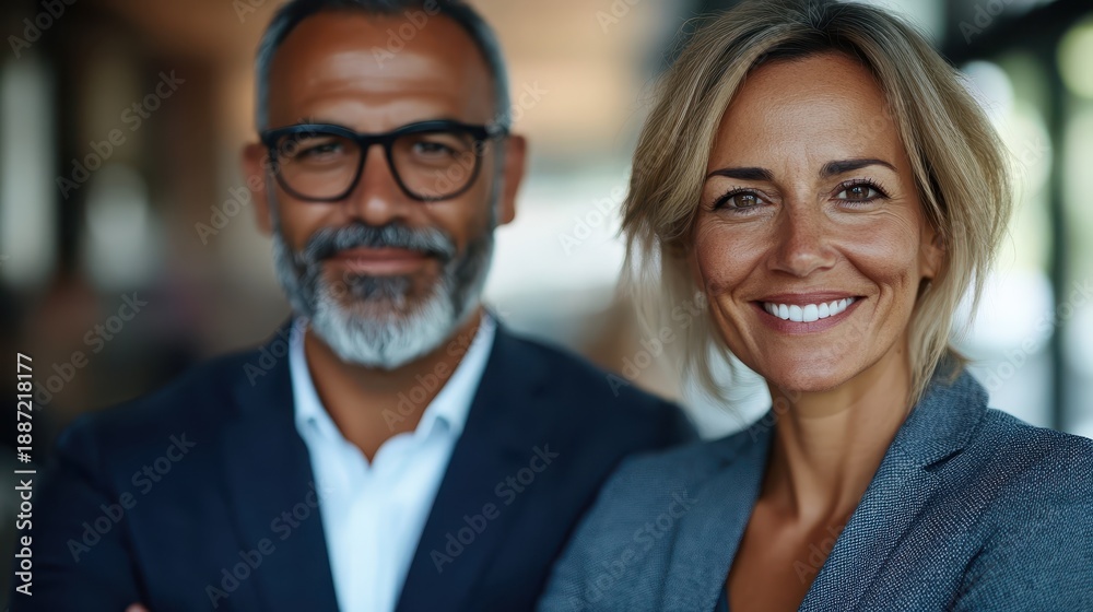 Fototapeta premium Confident business leaders smiling in modern office setting