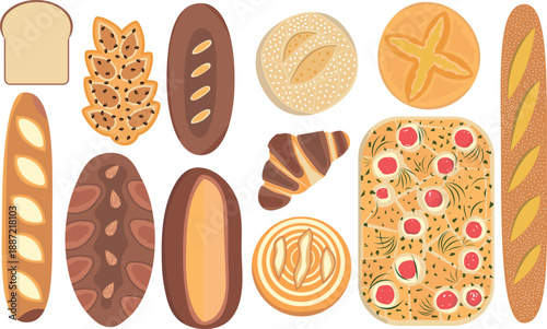 Different types of bread illustration. Different types of breads including toast, foccacia bread, baguette and other grainy breads collection.