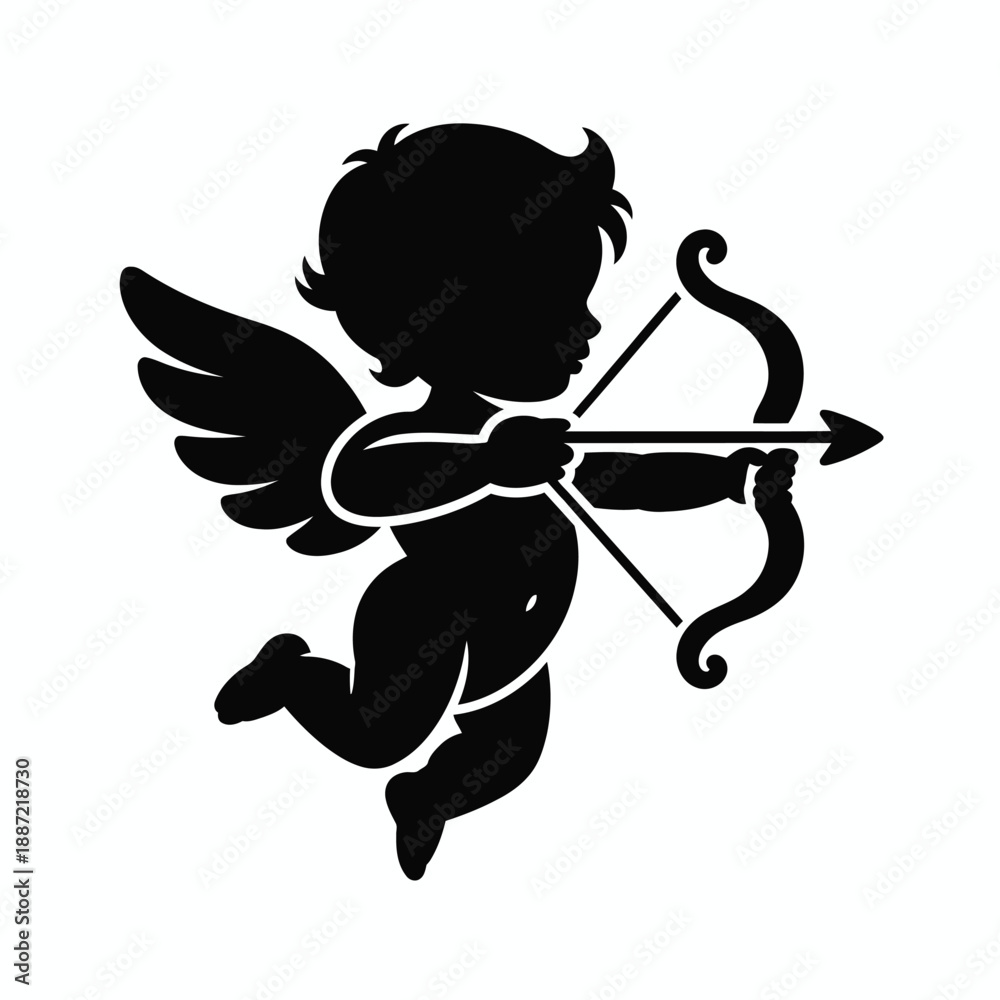 Fototapeta premium Silhouette of a cherub with a bow and arrow winged