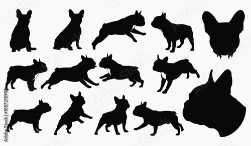 Collection of french bulldog silhouettes in various poses and perspectives