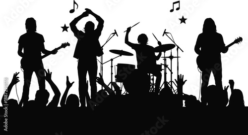 Silhouette of a rock band performing on stage with an excited audience  musicians and crowd in black silhouette