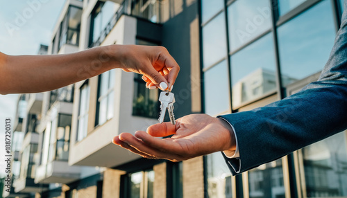 Real estate agent handing over house keys to a new client, symbolizing a successful property transaction in front of a modern urban apartment building
