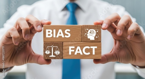 Man holding wooden blocks with words BIAS and FACT, symbolizing the importance of objective analysis and avoiding prejudice in decision-making.