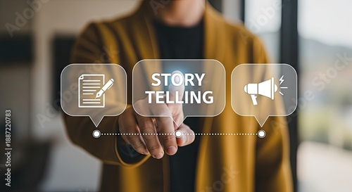 Tapety artystyczne Man selecting 'STORYTELLING' on a touch screen, highlighting the power of narrative in communication, marketing, and engagement.