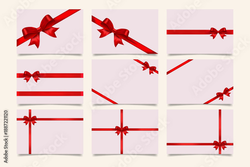 Red satin ribbon banner set with bows, diagonal corner ribbons and horizontal bands, cross wrap gift elements isolated on light background, realistic vector for invitations, events, cards, posters