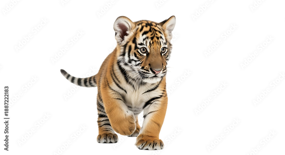 Obraz premium Adorable tiger cub with striking orange fur and black stripes walks forward on transparent background