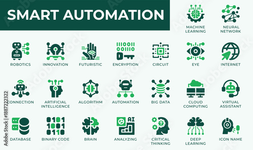 Smart Automation filled Icons: Artificial Intelligence, Cloud, Robotics
