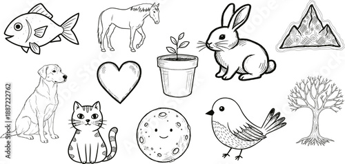 A collection of whimsical black and white illustrations of animals and objects