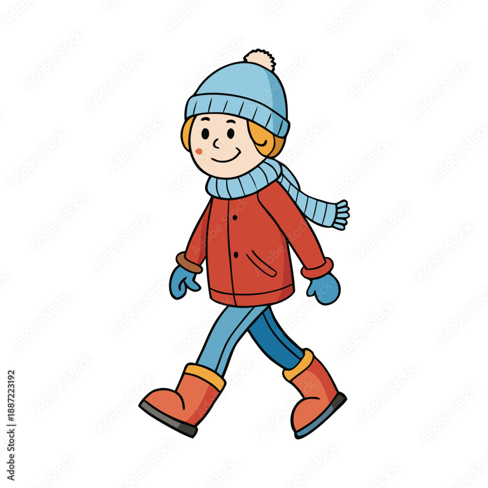 Obraz premium Happy little girl walking in winter jacket and winter hat isolated on transparent PNG for seasonal kids fashion design