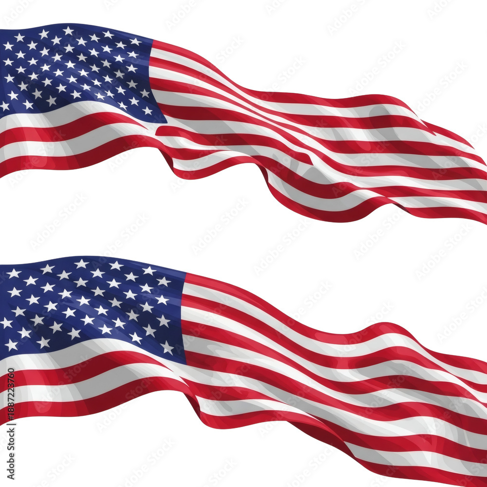 Fototapeta premium Two waving american flags isolated on transparent background